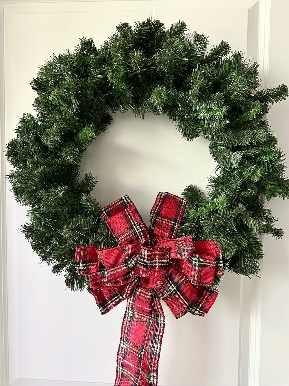 Holiday Faux Evergreen Wreath with Red Plaid Bow - Christmas Decor / Winter